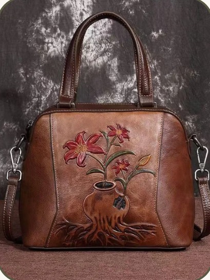 Simone Acc. Collection mood board — embossed floral leather bag