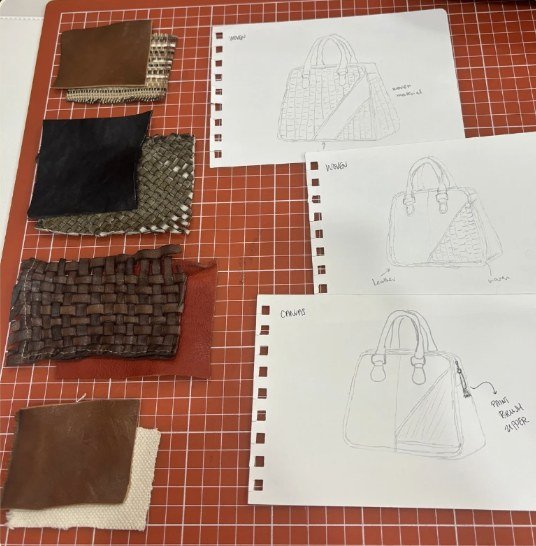 Simone Acc. Collection process photo 20 — leather samples and sketches