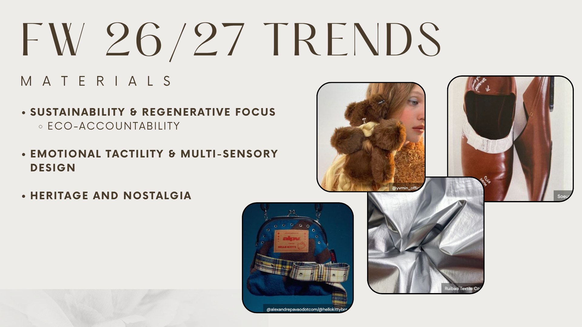 FW 26/27 trend research slide 7 — Materials, sustainability and regenerative focus