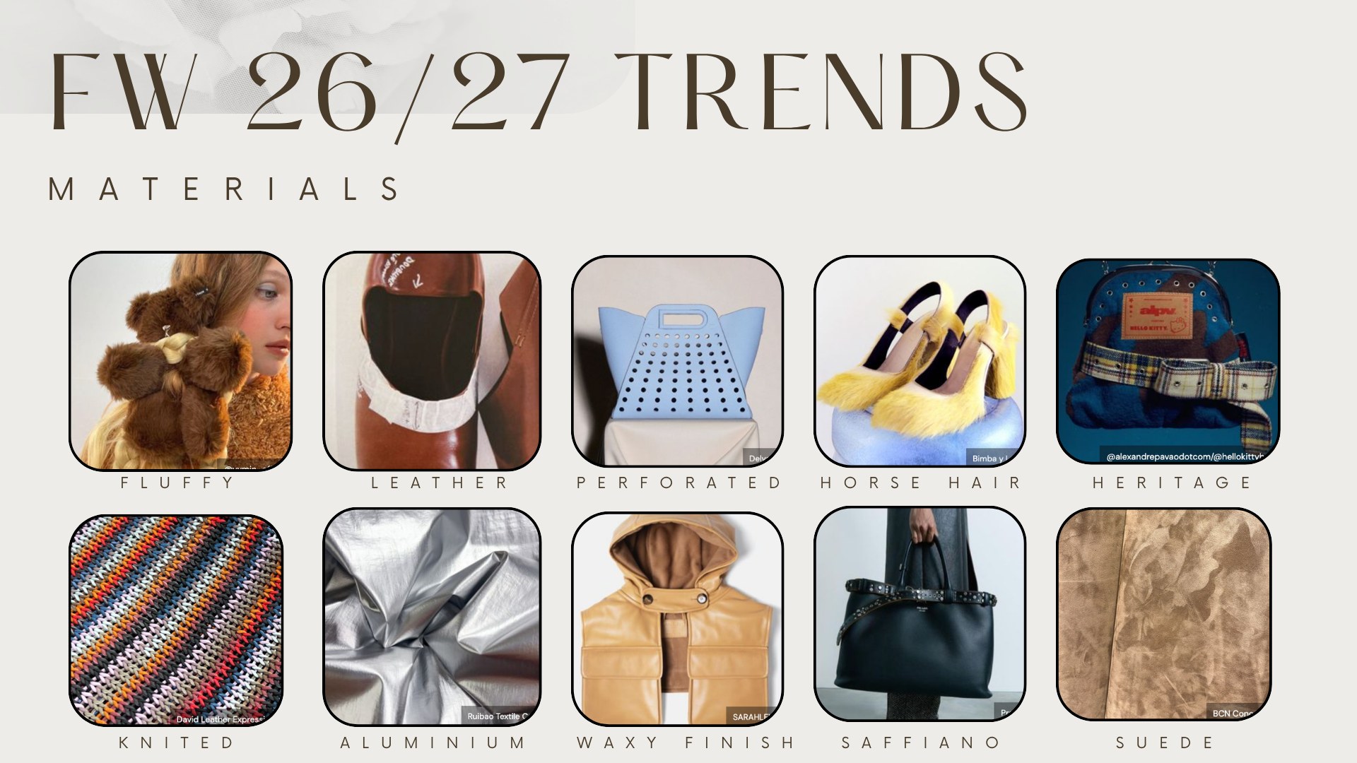 FW 26/27 trend research slide 8 — Materials, fluffy, leather, perforated, saffiano, suede