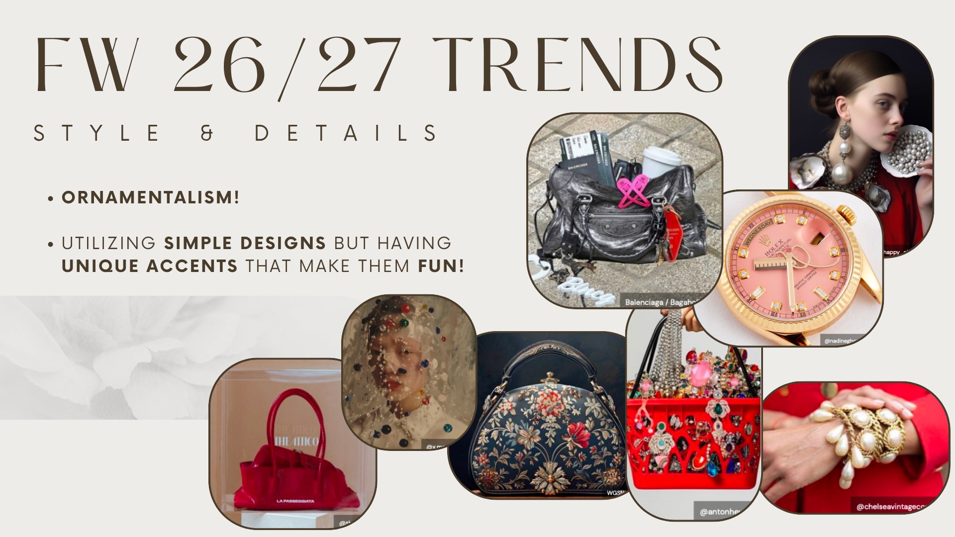 FW 26/27 trend research slide 9 — Style & Details, ornamentalism